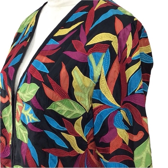 Chico’s Artsy Appliqué Multi Color Floral Silk Jacket - Picture 6 of 10